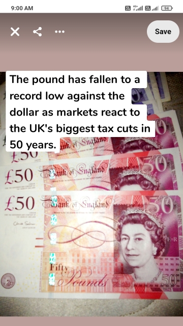 The pound has fallen to a record low against the dollar as markets react to the UK's biggest tax cuts in 50 years.